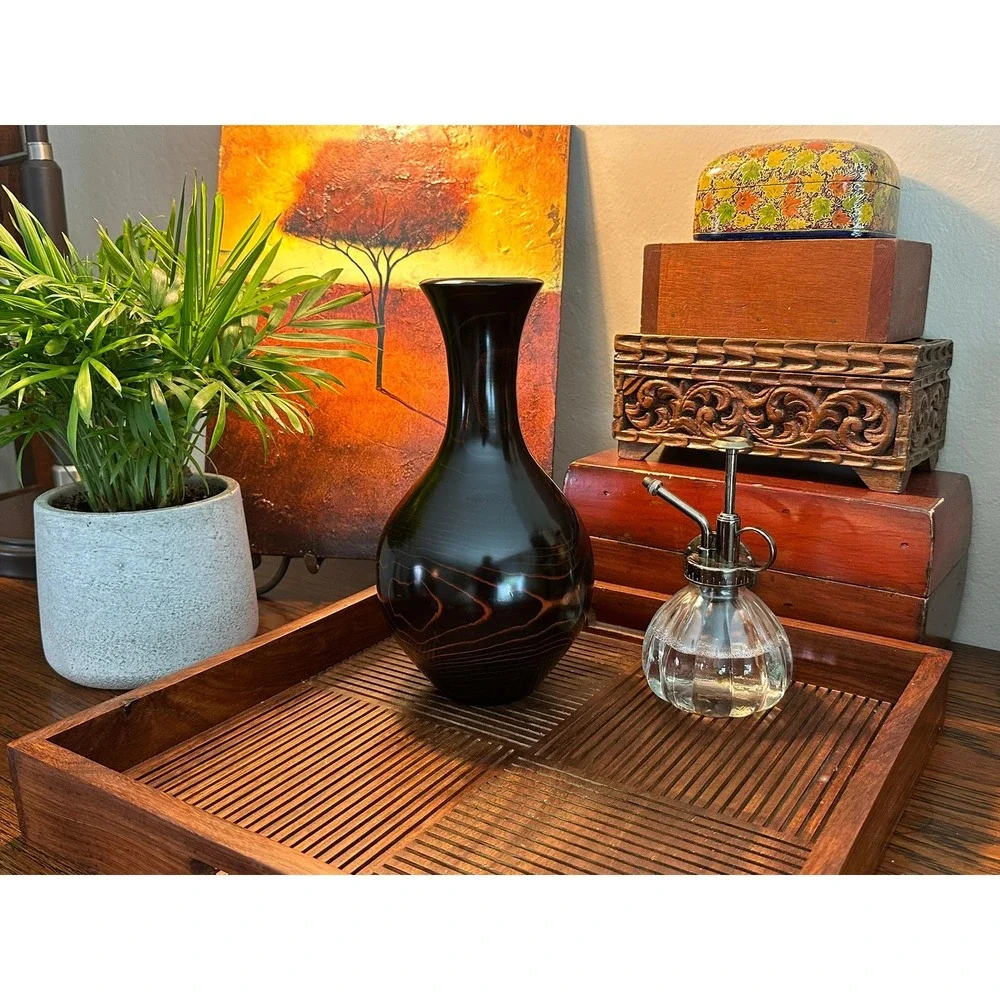 Vintage Japanese Lacquered Wood Vase 9.75